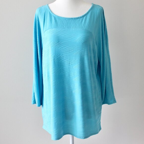 Dana Buchman Aqua Turquoise Wave Scoop Long-Sleeve Tunic Blouse Large - Picture 1 of 6